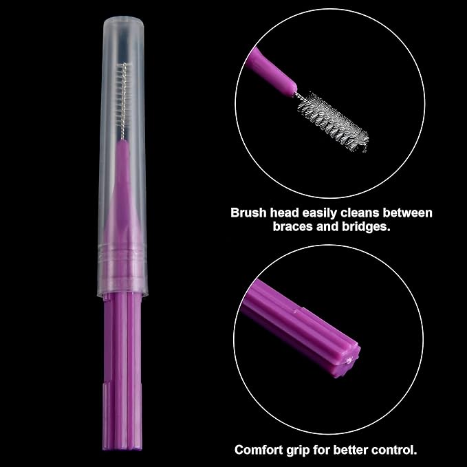Patelai 100 Pieces Braces Brush for Cleaner Interdental Brush Toothpick Dental Flossing Head Oral Hygiene Flosser Tooth Cleaning Tool(Orange, Purple)