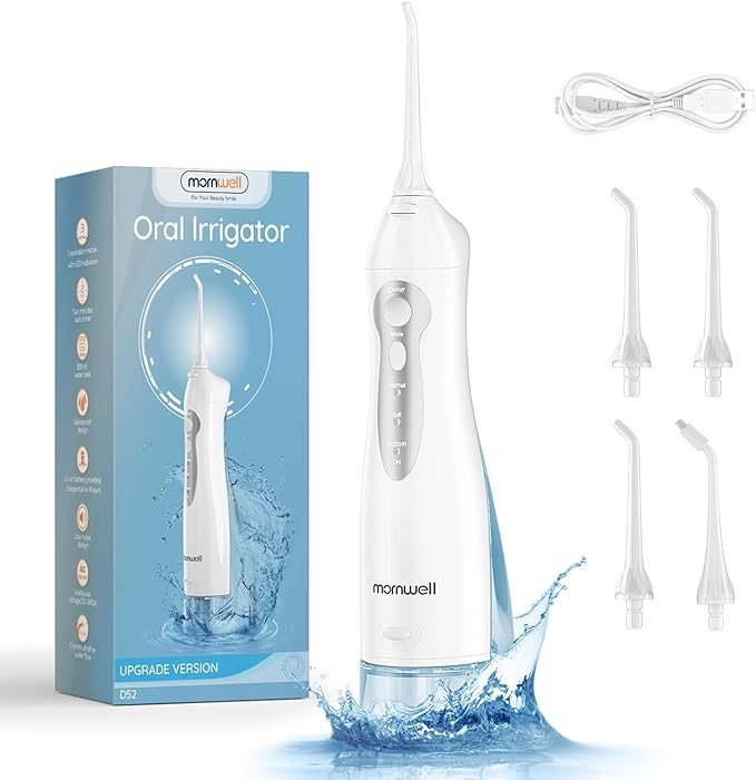 Mornwell Water Dental Flosser Teeth Pick for Teeth, Portable Cordless Water Flossers Oral Irrigator with 10 Intensity 4 Jet Rechargeable IPX7 Waterproof Water Tank Flosser Electric Travel (White)