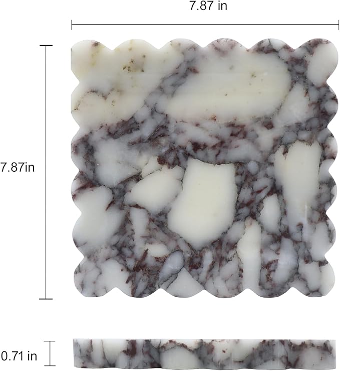 Square Marble Decorative Tray with Scalloped Edge, Luxury Natural Stone Bathroom Vanity Tray, Dresser Top Perfume Coffee Home Kitchen Sink Tray, Key Trinket Ring