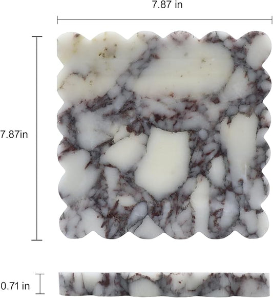 Square Marble Decorative Tray with Scalloped Edge, Luxury Natural Stone Bathroom Vanity Tray, Dresser Top Perfume Coffee Home Kitchen Sink Tray, Key Trinket Ring