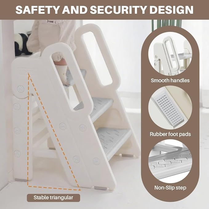 Foldable Toddler Step Stool, Adjustable 2-3 Step Kids Step Stools for Bathroom Sink, Potty Training Toilet, Child Kitchen Counter Standing Tower, Plastic Ladder Helper Stool for Bedroom