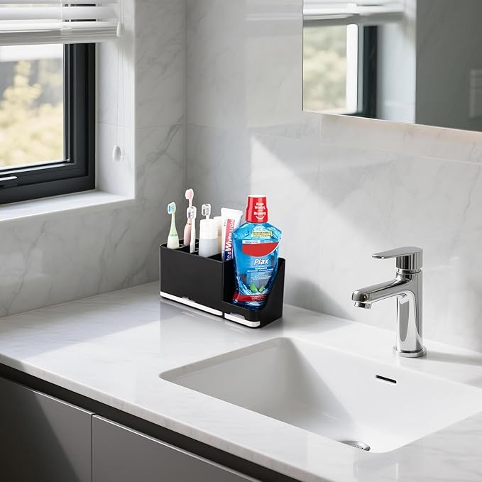 Toothbrush Holder for Bathroom Organizer with Diatom mud Board，Detachable 8 Slots Kids Electric Toothbrush Holder and Toothpaste Stand for Countertop Accessories Storage (Black)