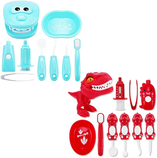 Bundle 19PCS = 9PCS Plastic Simulation Dentist Play Set （Light Blue） + 10PCS Plastic Dinosaur Simulation Dentist Play Set (Red)