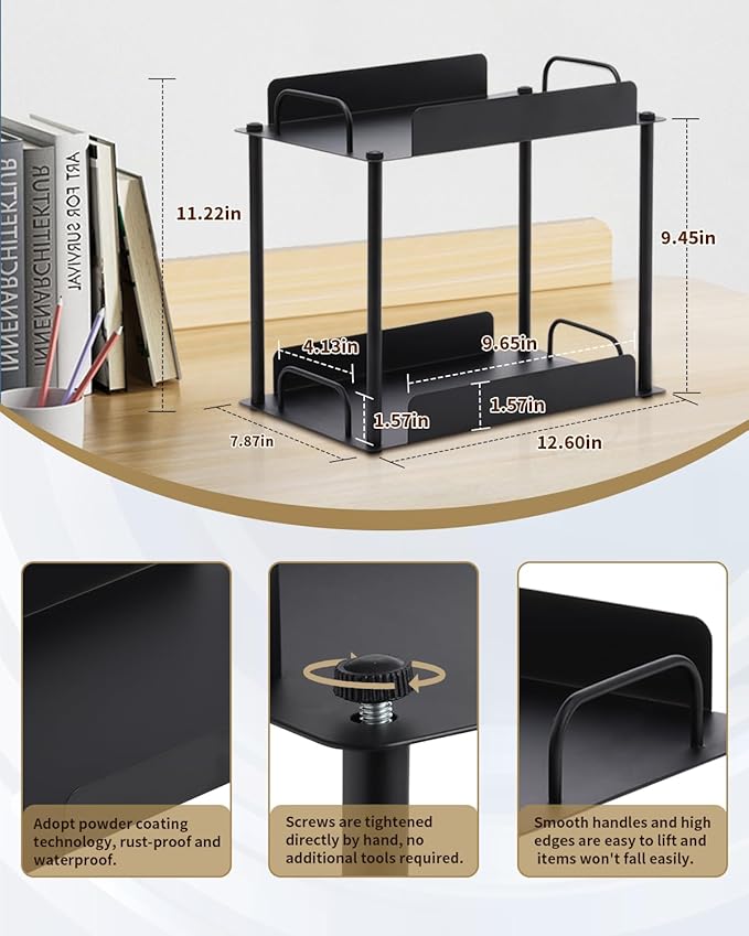 KATHY&BOB Bathroom Countertop Organizer, Make-up Desk Organization, Dressing Shelf Desktop Storage for Bathroom Cosmetic Dorm Kitchen Living Room, Multipurpose Cubicle Display Rack (Black, 2 Tiers)