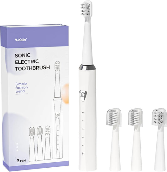 Y-Kelin V-Shaped Orthodontic Electric Toothbrush for Braces, Sonic Toothbrush with 2 Concave Replacement Heads and 2 Convex Replacement Heads, Soft Bristle, 5 Modes IPX7 Waterproof (White)