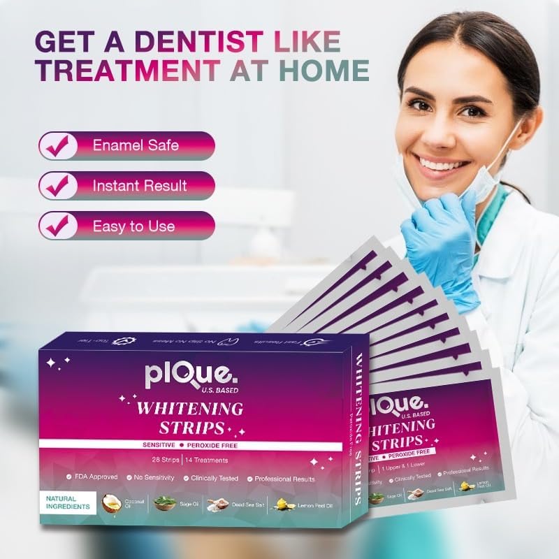 Peroxide Free Teeth Whitening Strips 14 Treatments - New Gentle Formula for Sensitive Teeth. Deep Stain Removal - Coconut Oil, Sage, Lemon Peel, Dead Sea Salt for Beautiful Bright Smile. (28 Strips)