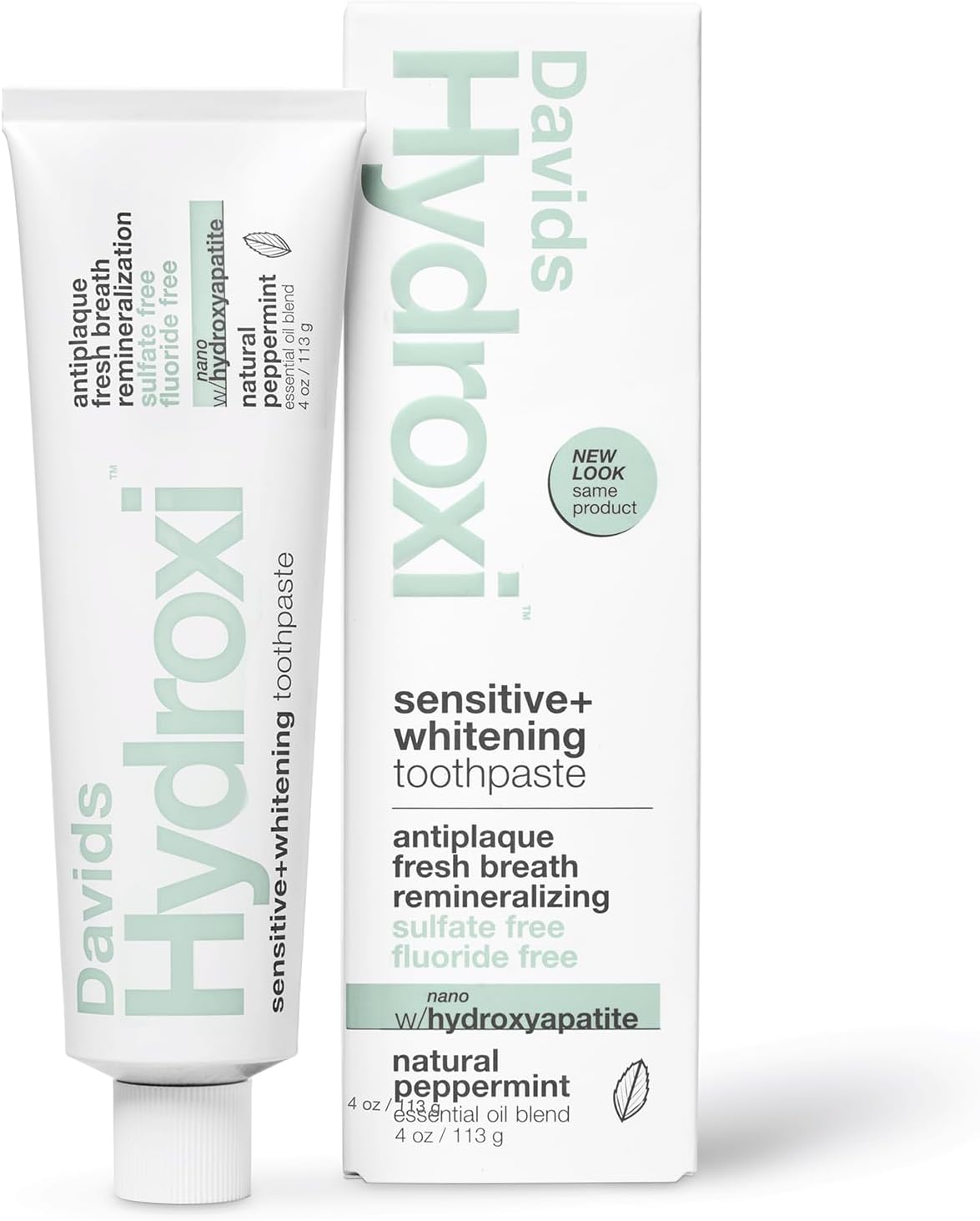 Davids Hydroxi Fluoride Free Nano Hydroxyapatite Toothpaste for Remineralizing Enamel & Sensitive Relief, Whitening, Antiplaque, SLS Free, Natural Peppermint, 4 oz, Made in USA
