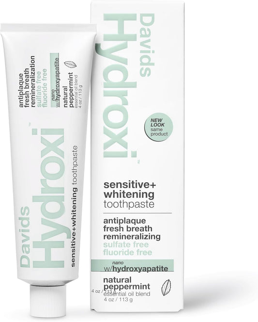 Davids Hydroxi Fluoride Free Nano Hydroxyapatite Toothpaste for Remineralizing Enamel & Sensitive Relief, Whitening, Antiplaque, SLS Free, Natural Peppermint, 4 oz, Made in USA
