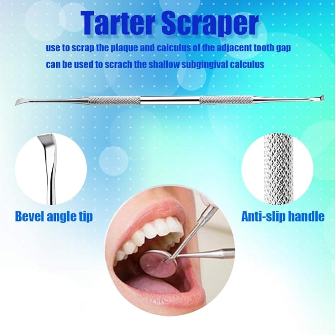 Dental Hygiene Tool Set Stainless Steel Dental Pick and Tweezers, Gum Floss, Tooth Scraper Plaque Tartar Remover for Personal Oral Care & Pet Use (6 Pack)