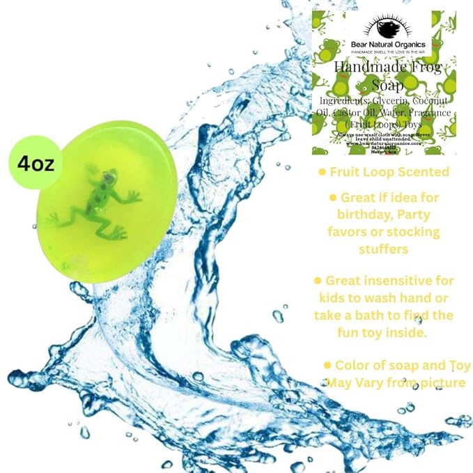 BearNaturalOrganics Kids – Clear Natural Bar with Toy Inside (Frog Collection) – Fun Bath Gift, Gentle Face & Body Soap, Paraben & Chemical Free – 4 oz