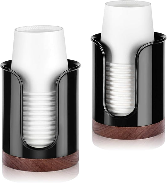 Premium Bathroom Cup Dispenser - Compact Cup Holder for Dixie Cups 3 oz Cups, 3 4 Ounce Mouthwash Cup Dispenser - PC/Walnut,Black, Pack of 2
