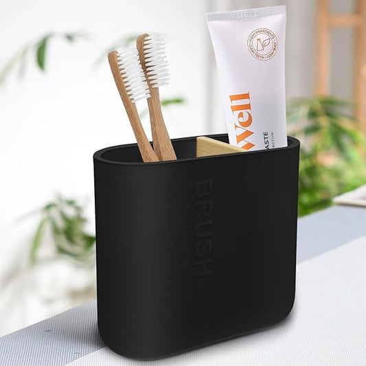 Toothbrush Holder with Bamboo Divider,Detachable for Easy Cleaning Multi-Functional Storage,2 Slots Electric Toothbrush and Toothpaste Organizer Caddy for Bathroom Vanity,Sink,Countertop (Black)