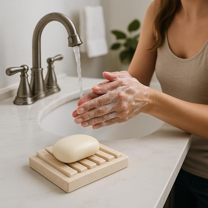 Natural Champagne Marble Soap Dish – Handcrafted & Polished Luxury Soap Tray for Bathroom, Kitchen, and Sink Countertops, Elegant Design Used in 5-Star Hotels (5.2” L x 4” W, Beige Natural Stone)