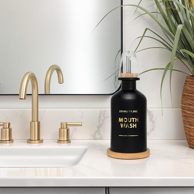 Mouthwash Dispenser for Bathroom 11.8oz – Glass Mouthwash Bottle with Cup & Bamboo Tray, Gold Hot-Stamped Lettering, Silicone Base, Modern Bathroom Accessory (Black)