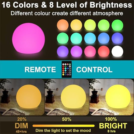 8-in LED Glowing Ball Light for Kid, 16 RGB Color Changing Globe Orb Night Light Mood Lamp w/Remote, Rechargeable Light Up Ball Dimmable Sphere Bedside Lamp, Great for Bedroom Garden Patio Party Decor