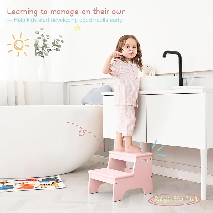Forbena Pink Girls Toddler Step Stool for Bathroom Sink, Princess Toddler Two Step Stool for Toilet Potty Training, Baby Child Kids Stepping Stool with Handles for Bedroom Classroom Kitchen (Pink)