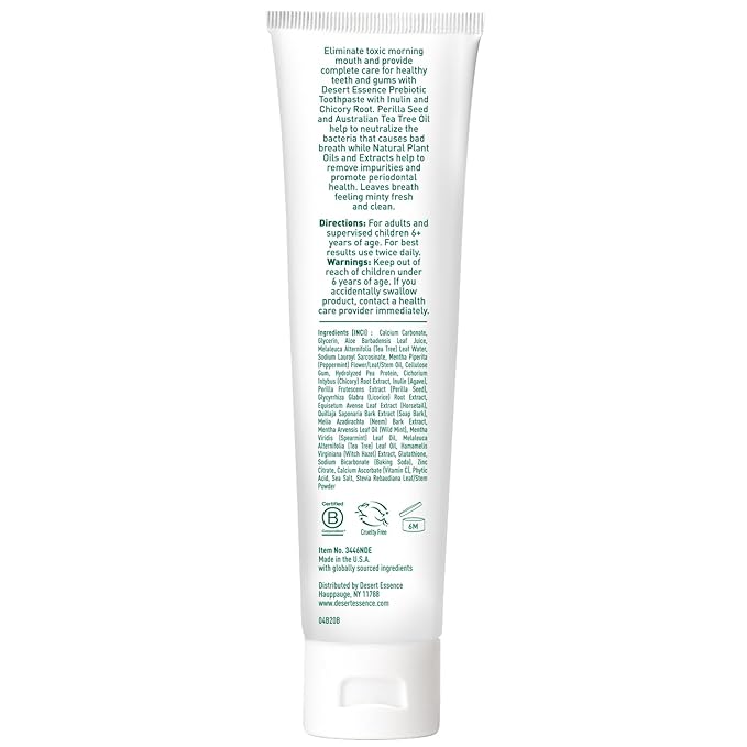 Desert Essence Prebiotic Plant-Based Whitening Toothpaste - Mint - Oral Care with Inulin, Perilla Seed & Aloe - Vegan, Fluoride Free, Non-GMO, Gluten-Free, Cruelty-Free - 6.25 oz
