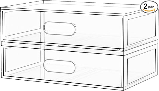 2 Pack Clear Makeup Storage Drawer, 12''W Stackable Bathroom Organizers and Storage Drawer, Acrylic Cosmetic Display Case For Vanity, Undersink, Cabinets, Desk Organizer