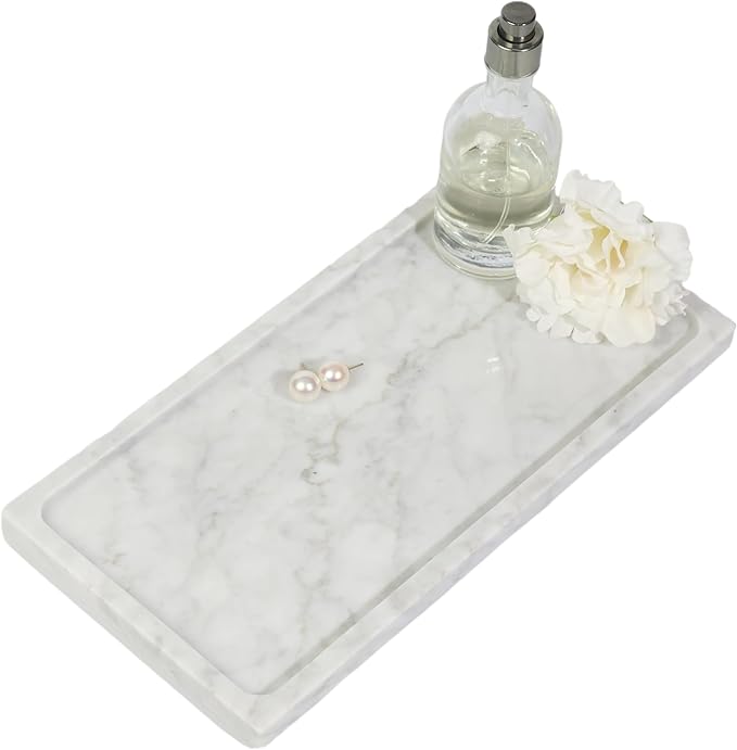 Solid Natural Marble Rectangle Vanity Tray - 9.8"x5" Italy Natural Bath & Counter Organizer, Decorative Jewelry Perfume Holder, Kitchen Coffee Table Serving Tray（White）
