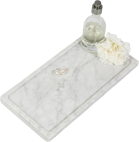 Solid Natural Marble Rectangle Vanity Tray - 9.8"x5" Italy Natural Bath & Counter Organizer, Decorative Jewelry Perfume Holder, Kitchen Coffee Table Serving Tray（White）