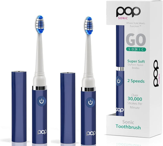 2-Pack Pop Sonic Electric Toothbrush (Navy Blue) - Travel Toothbrushes w/AAA Battery | Kids Electric Toothbrushes with 2 Speed & 15,000-30,000 Strokes/Minute, Dupont Nylon Bristles
