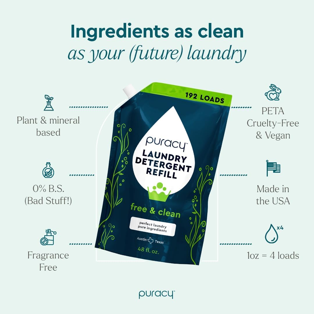 Puracy Laundry Detergent Refill - Enzyme-Powered Liquid Detergent Concentrate, Natural Laundry Detergent Seen on TikTok, Non-Toxic (Free & Clear, 48 fl oz, 192 Loads)