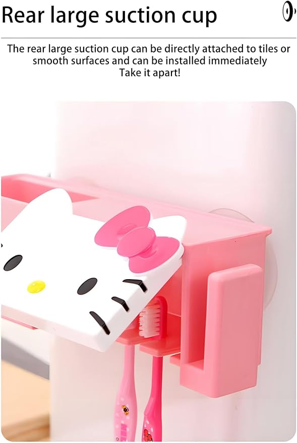 Kitty Wall-Mounted Toothbrush Holder, Suction Cup Multi-Functional Bathroom Toothbrush and Toothpaste Dispenser, Cute Cat Toothbrush Holder, No Drilling Required.