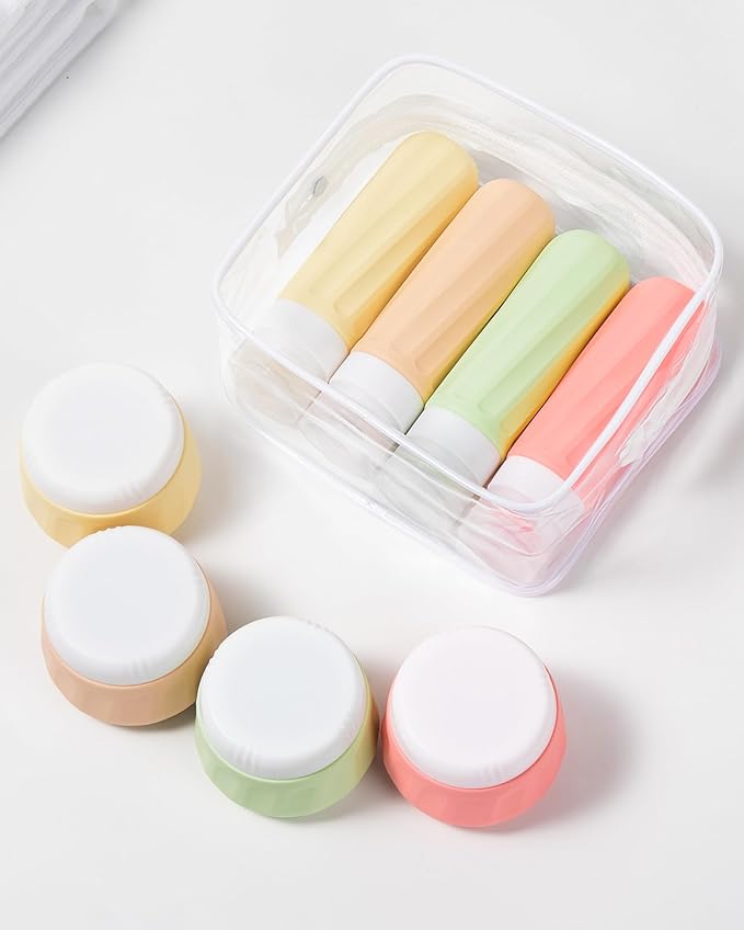 Travel Bottles for Toiletries 8 Pack, Travel Size Toiletries, Tsa Approved Travel Size Containers 3oz, with Travel Essentials Clear Bag, Leak Proof Silicone Squeezable Creams Jars