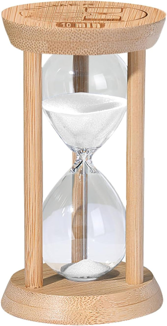Wooden Sand Timers,10 Minute Stunning Glass Bamboo White Sand Hourglass for Productivity, Meditation & Decor, 10 Min Reloj De Arena for Kitchen, Office, Game, Classroom