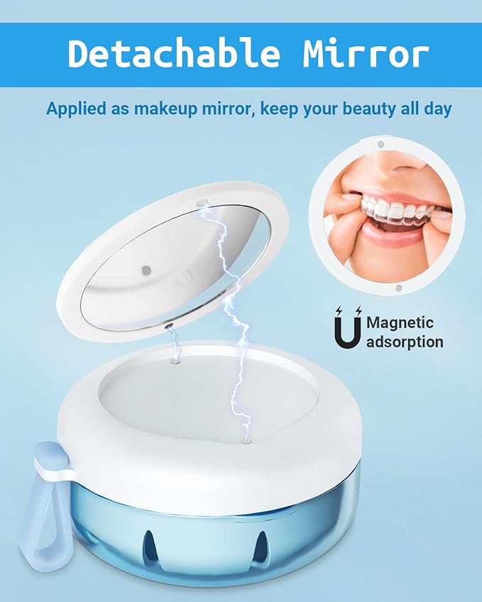 Denture Bath Case, Denture Cup, Leak Proof Portable Retainer Case, Denture Cleaning Kit with Cleaner Brush, Denture Box with Strainer & Mirror, Denture Case for Aligner Retainer Mouth Guard (Blue)