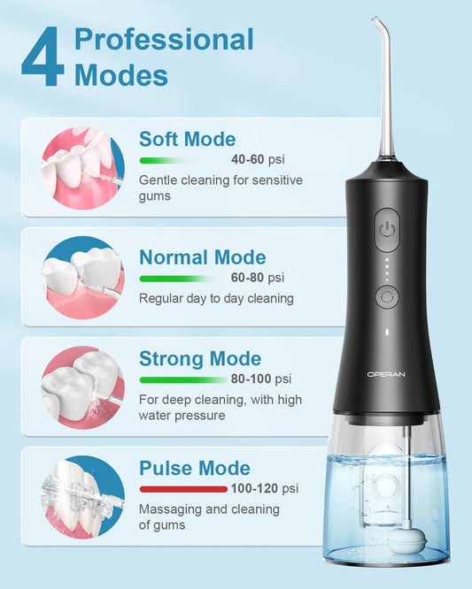 Operan Water Flosser for Teeth Cleaning Upgraded 300ml Cordless Water Dental Flossers Rechargeable Oral Irrigator with 4 Modes 4 Jet Tips IPX7 Waterproof Water Floss for Home Travel (Black)+1Pack