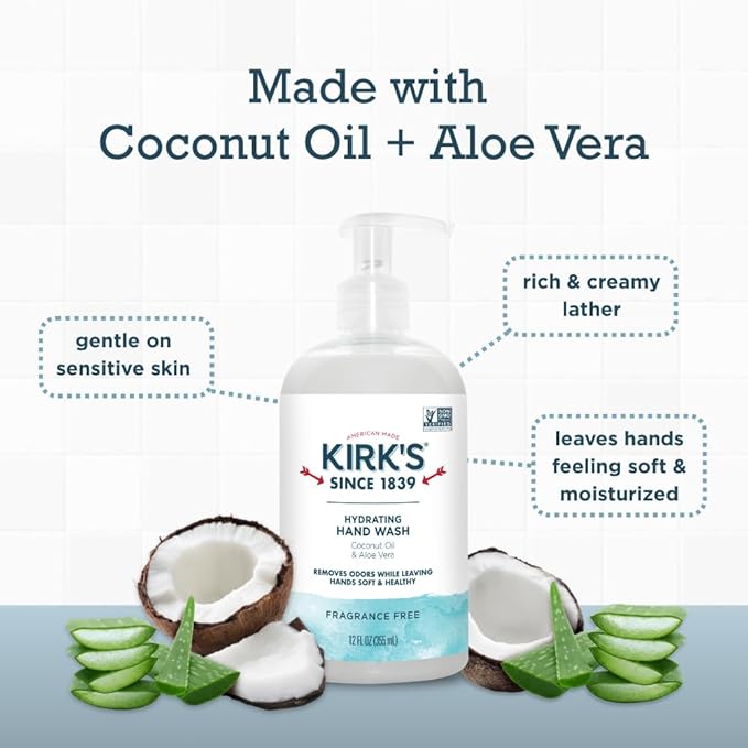 Kirk's Hydrating Hand Wash - Made with Coconut Oil and Aloe Vera, With Odor Neutralizing Technology To Help Eliminate Odors, Non-GMO, Vegan, Fragrance Free, 12 Fl Oz. 4 pack