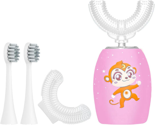 Kids Toothbrush Electric, U Shaped Ultrasonic Automatic Toothbrush with 4 Brush Heads,2 Cleaning Modes, Cartoon Modeling Design for Kids, Age 2-12
