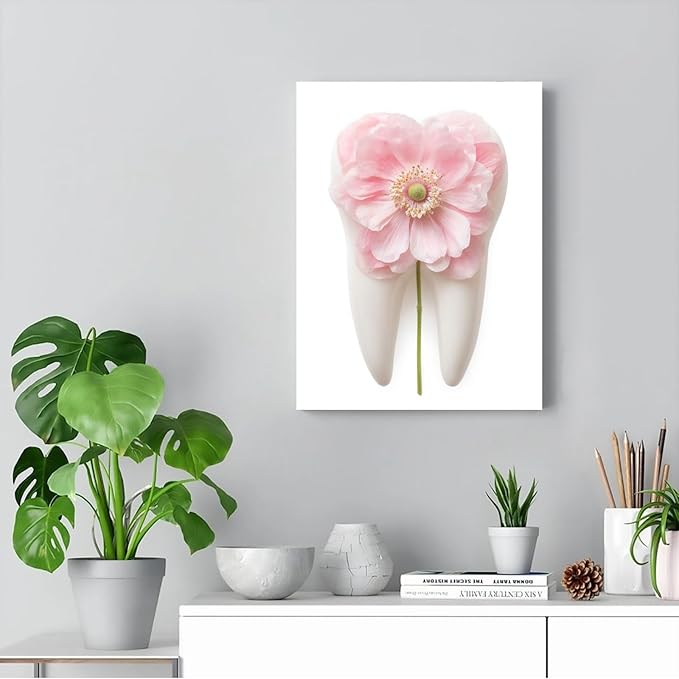 SchindlerBang Surgeon Clinic Wall Decor,Pink Anemone Dental Art,Vibrant Floral Tooth Canvas,Medical Office Aesthetic,12x16inch Framed Print Ready to Hang