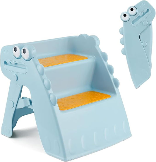 Onasti Toddler Step Stool Foldable Kids Step Stool,Bathroom Stool for Toddlers Non-Slip Toddler Step Stool for Bathroom Sink and Kitchen Counter with Cute Dinosaur Design(Blue)