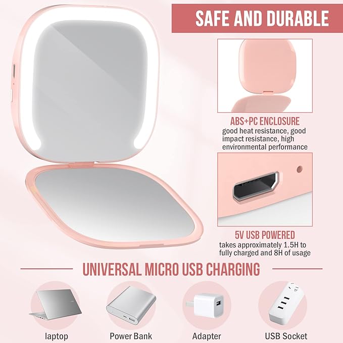 MY BEAUTY LIGHT Bright Compact Mirror with Durable Rechargeable 1X/3X Magnifying Light, 3000K-6000K Travel Makeup Mirror with Lights for Handbag Purse Pocket (Pink)