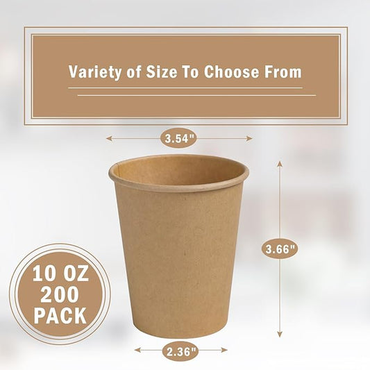 Lamosi 200 Pack 10 oz Kraft Paper Cups, Brown Disposable Paper Coffee Cups, Unbleached Cups for Hot/Cold Beverage Party Home Office