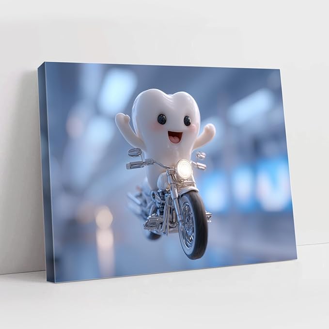 SchindlerBang Medical Picture for Clinic Office,Whimsical Tooth Motorcycle Art,Fun Dental Decor for Walls,Kids' Spaces,or Gifts,Bright and Cheerful,16x24inch Ready to Hang