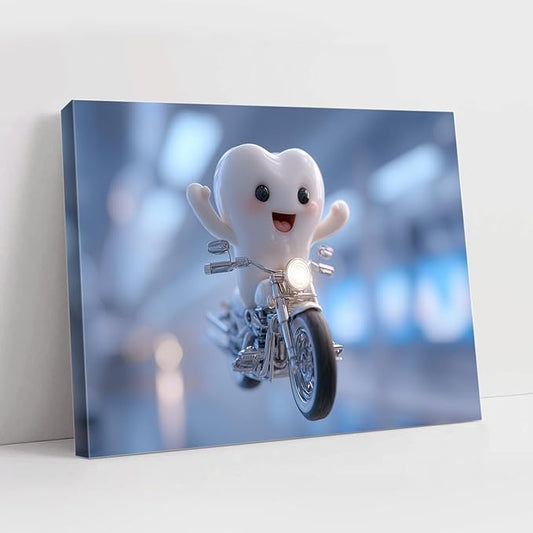 SchindlerBang Medical Picture for Clinic Office,Whimsical Tooth Motorcycle Art,Fun Dental Decor for Walls,Kids' Spaces,or Gifts,Bright and Cheerful,16x24inch Ready to Hang