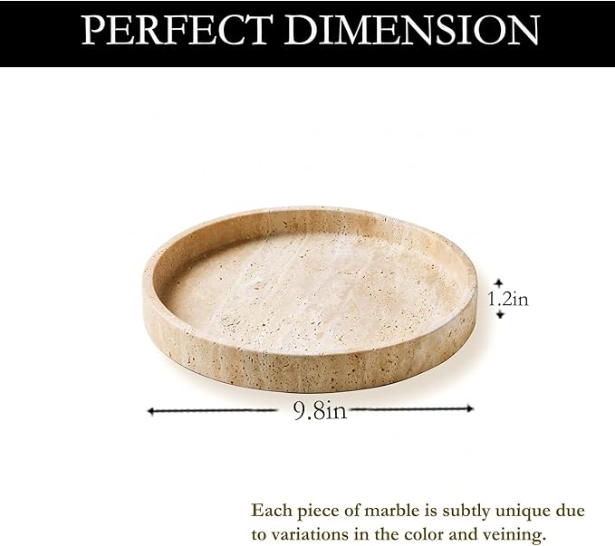 Natural Travertine Marble Vanity Tray for Bathroom,Kitchen, Dresser, Counter, Home Decor Round Stone Decorative Tray for Candles, Perfumes, Jewelry, Plants,Organiser Dish Beige
