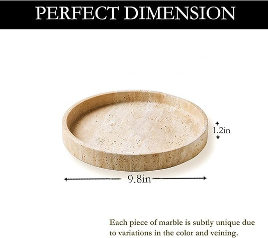 Natural Travertine Marble Vanity Tray for Bathroom,Kitchen, Dresser, Counter, Home Decor Round Stone Decorative Tray for Candles, Perfumes, Jewelry, Plants,Organiser Dish Beige