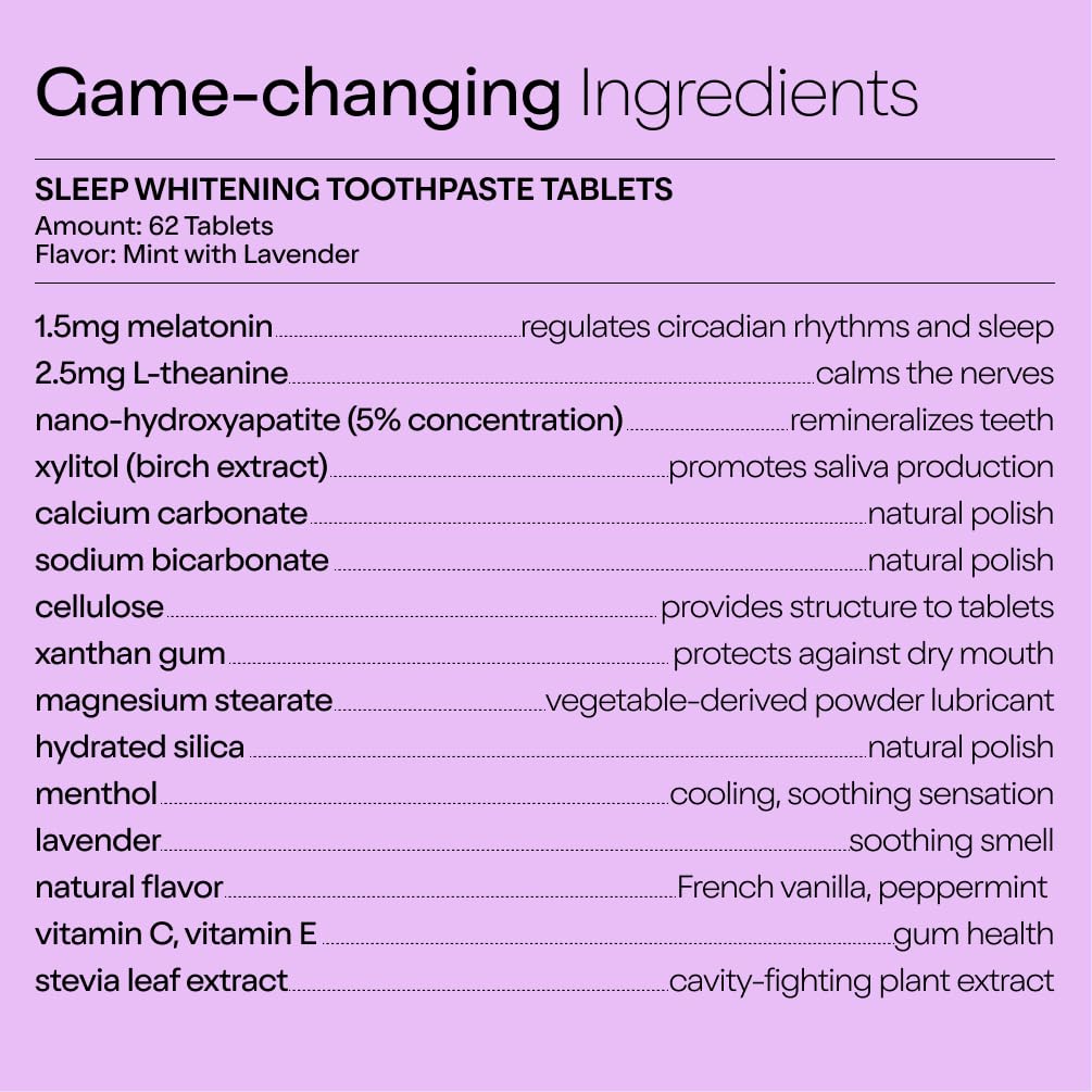 Duo Sleep Toothpaste Tablets | Melatonin w/Nano-Hydroxyapatite (nHa) - Whitening, Remineralize & Reduce Sensitivity | Sustainable & Plastic Free | Mint w/Lavender - 1 Bottle/62 Tablets