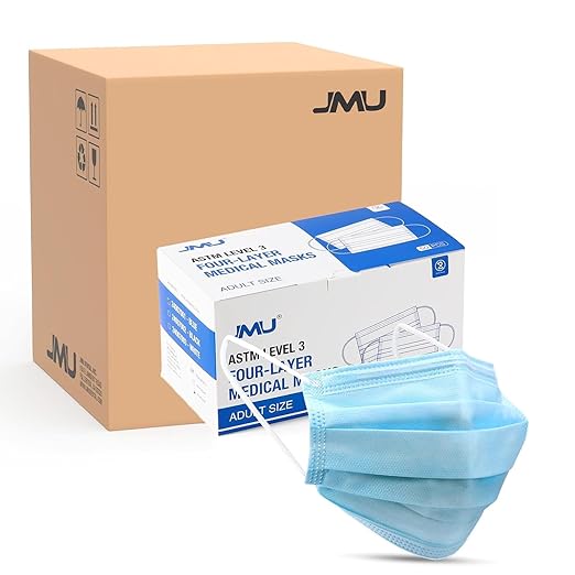 JMU 500 Pcs Medical Disposable Face Masks, 4-Ply ASTM Level 3 Face Masks for Adults, Blue, 10 Box