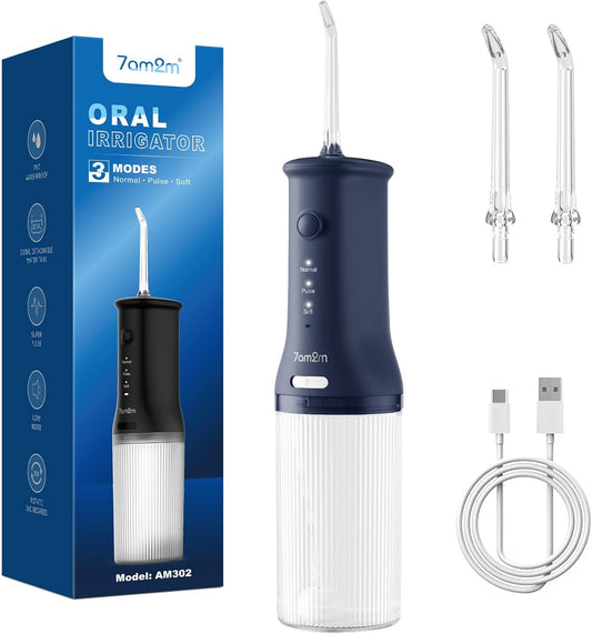 7AM2M Portable Water Flosser Cordless, Water Flosser for Teeth with 3 Modes and 2 Jet Tips, USB C Rechargeable, IPX7 Waterproof, Dental Water Flosser for Travel and Home Use (Navy Blue)