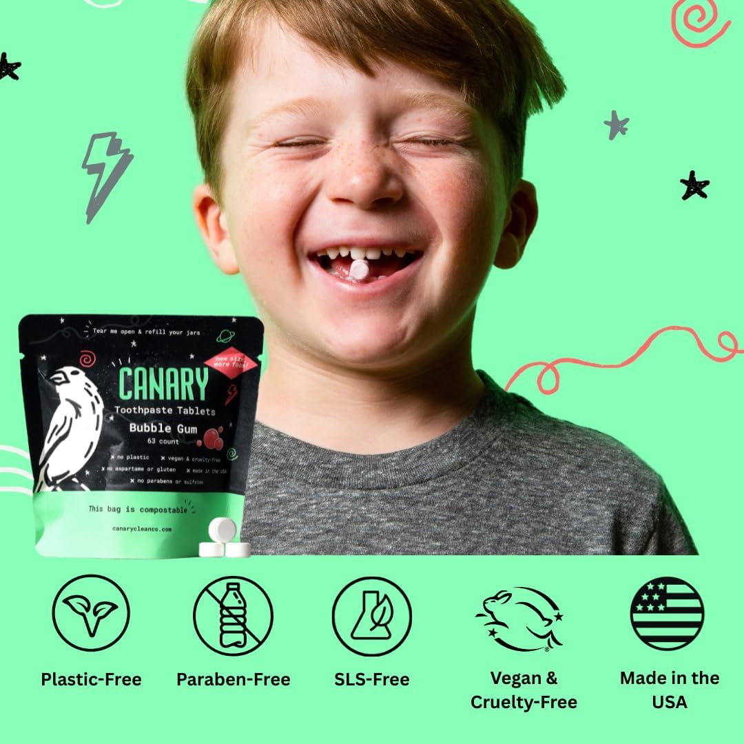 Canary Nano Hydroxyapatite Toothpaste Tablets Bubble Gum - Remineralizing, Fluoride Free, All Natural Tabs with Xylitol - Great for Kids, Plastic Free - 189 Count