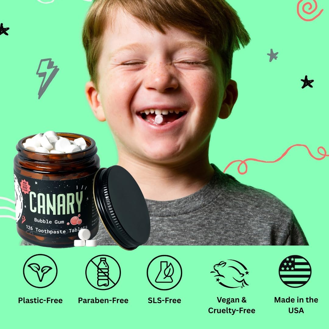 Canary Nano Hydroxyapatite Toothpaste Tablets Bubble Gum - Remineralizing, Fluoride Free, All Natural Tabs with Xylitol - Great for Kids, Plastic Free - 126 Count