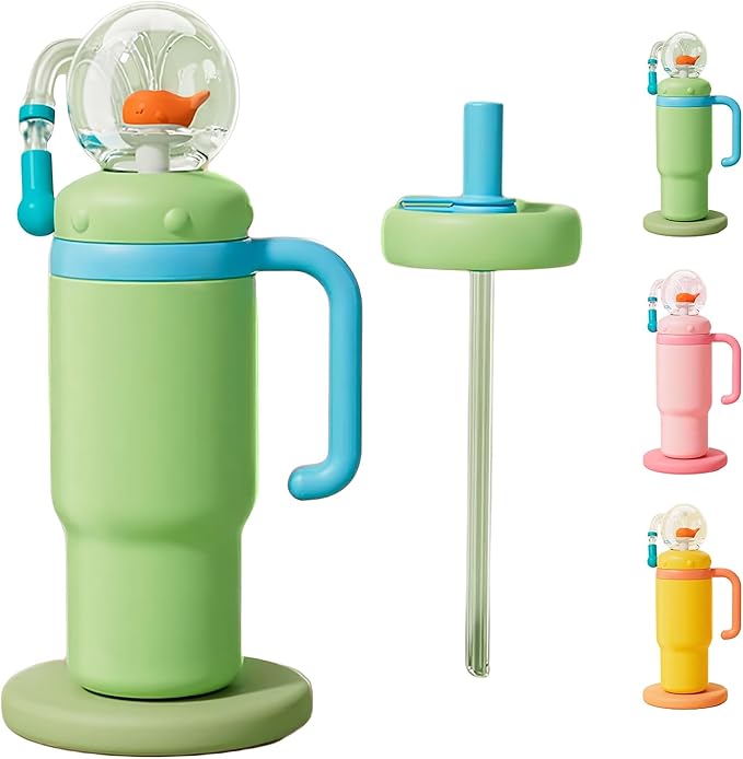 Drinking Cup With Whale Squirt, 24oz Whale Water Bottle with Handle, Insulated Stainless Steel Whale Water Cups With Two Silicone Soft Tip, Leak-Proof Whale Fountain Bottle for Kids Teens (Green)