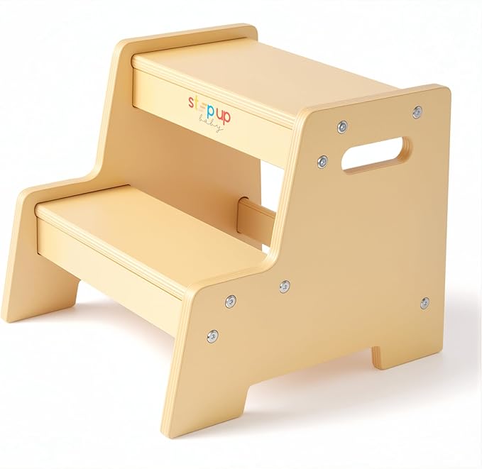 Stepup Baby Wooden Step Stool for Kids Varnished – 2-Step Toddler Stool with Handles, Birch Plywood, Anti-Tip Base & Rounded Corners – Bathroom Sink & Countertop Step Stool