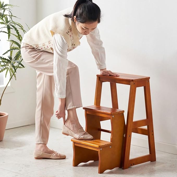 Flip N' Step Wooden Step Stool - Solid Pine, Non-Slip & Foldable | Kids Safety Stool for Kitchen, Bathroom | Display Shelf for Home Decor(Brown 3 Layers)