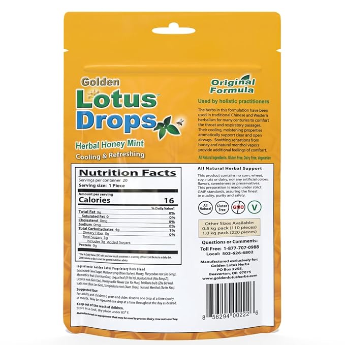 Golden Lotus Drops – Original Herbal Formula | Soothing Honey Mint Lozenges – 1-Pack (20 Count)